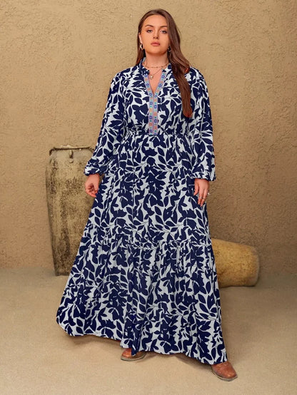 Plus Size Floral Print Notched Long Sleeve Maxi Dress - Dresses