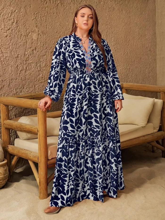 Plus Size Floral Print Notched Long Sleeve Maxi Dress - Dresses