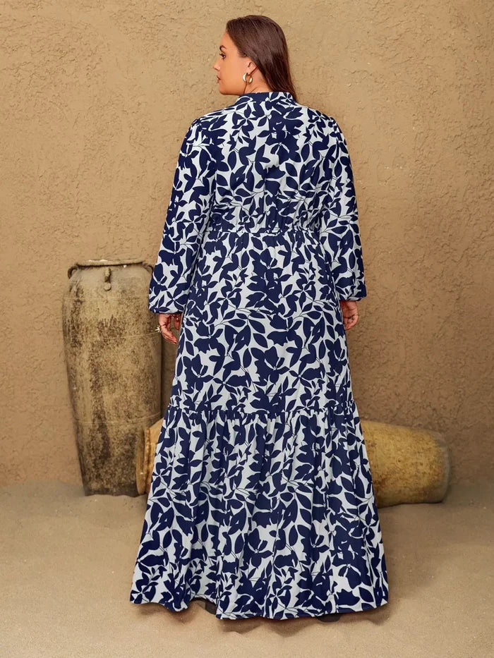 Plus Size Floral Print Notched Long Sleeve Maxi Dress - Dresses