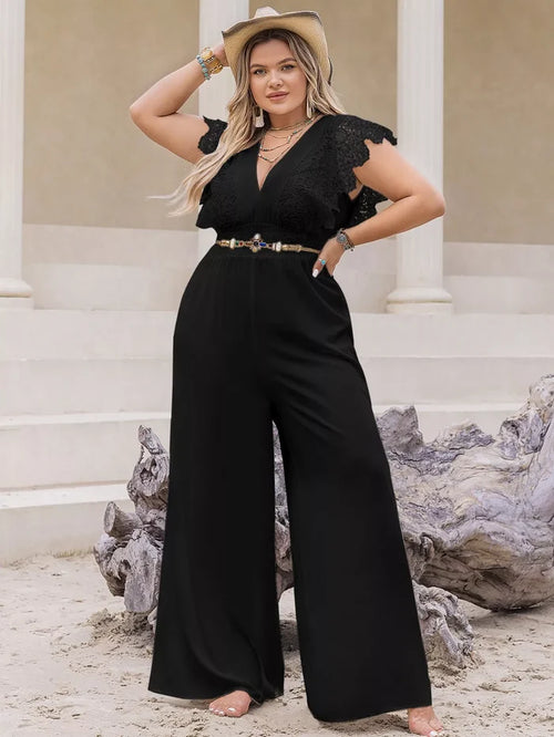 Plus Size Lace Cap Sleeve Wide Leg Jumpsuit Black - One-piece