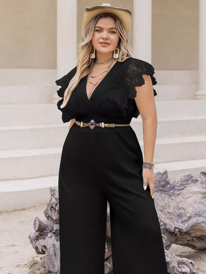 Plus Size Lace Cap Sleeve Wide Leg Jumpsuit - One-piece