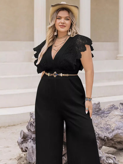 Plus Size Lace Cap Sleeve Wide Leg Jumpsuit - One-piece