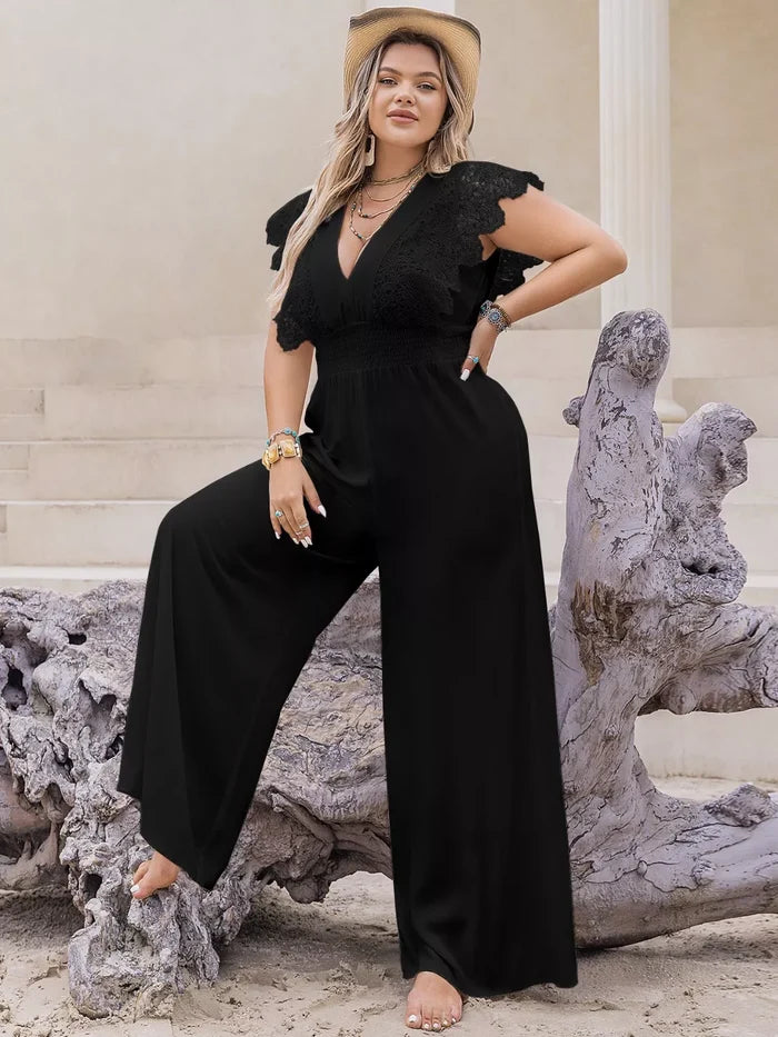 Plus Size Lace Cap Sleeve Wide Leg Jumpsuit - One-piece
