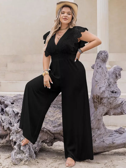 Plus Size Lace Cap Sleeve Wide Leg Jumpsuit - One-piece