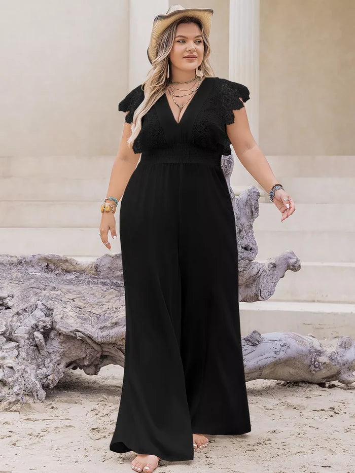 Plus Size Lace Cap Sleeve Wide Leg Jumpsuit - One-piece
