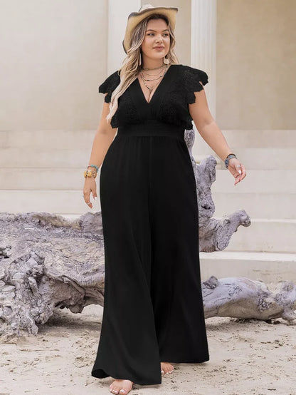 Plus Size Lace Cap Sleeve Wide Leg Jumpsuit - One-piece