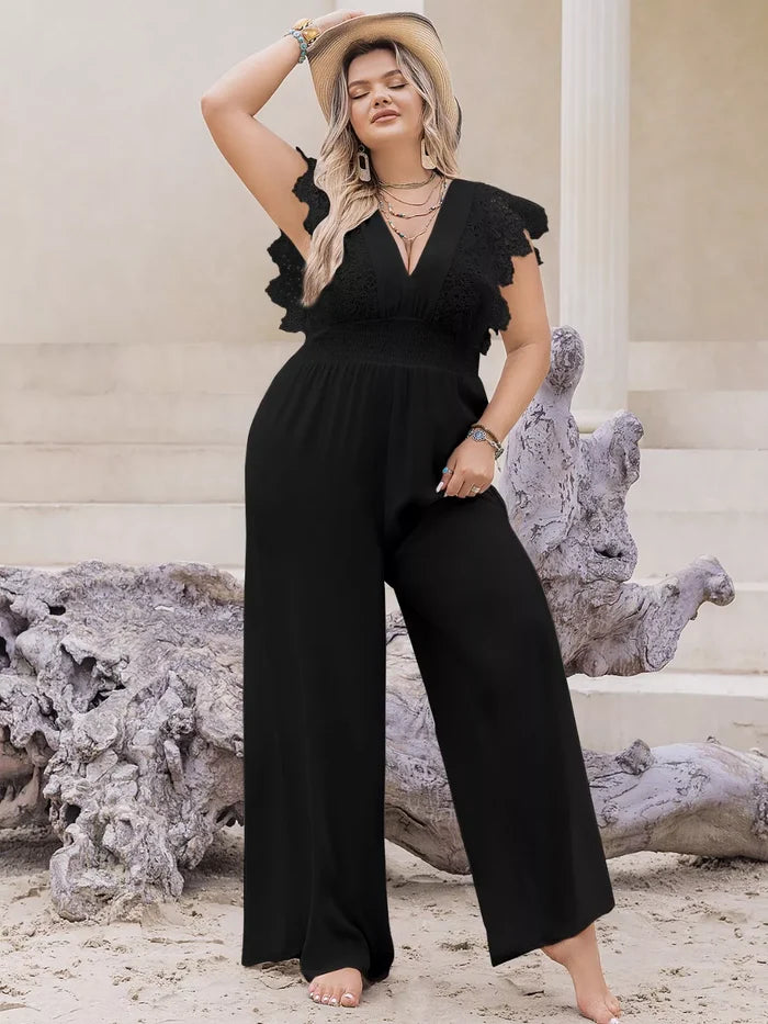 Plus Size Lace Cap Sleeve Wide Leg Jumpsuit - One-piece
