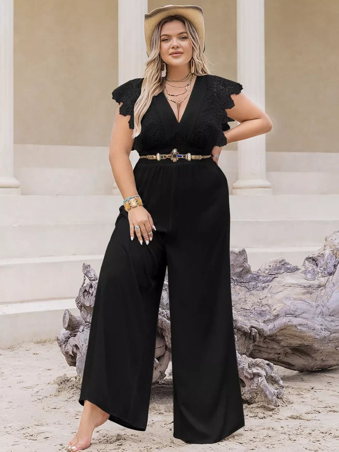 Plus Size Lace Cap Sleeve Wide Leg Jumpsuit - One-piece