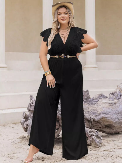 Plus Size Lace Cap Sleeve Wide Leg Jumpsuit - One-piece