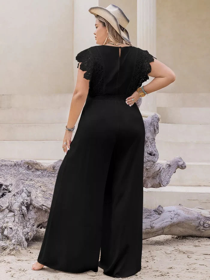 Plus Size Lace Cap Sleeve Wide Leg Jumpsuit - One-piece