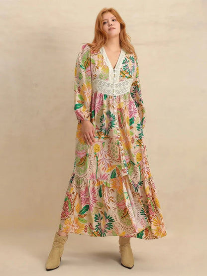 Plus Size Lace Detail Printed V-Neck Balloon Sleeve Dress Apricot - Dresses