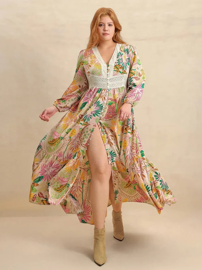 Plus Size Lace Detail Printed V-Neck Balloon Sleeve Dress - Dresses
