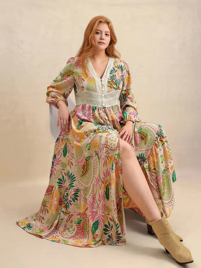 Plus Size Lace Detail Printed V-Neck Balloon Sleeve Dress - Dresses