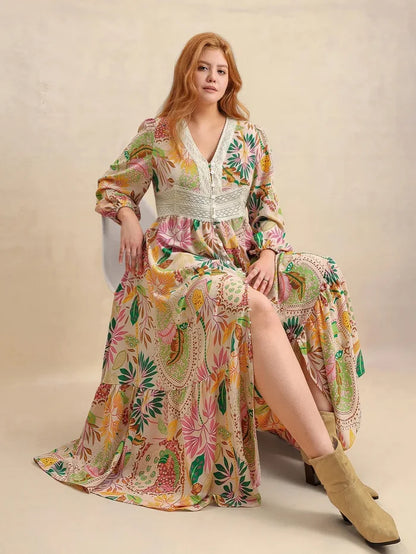 Plus Size Lace Detail Printed V-Neck Balloon Sleeve Dress - Dresses