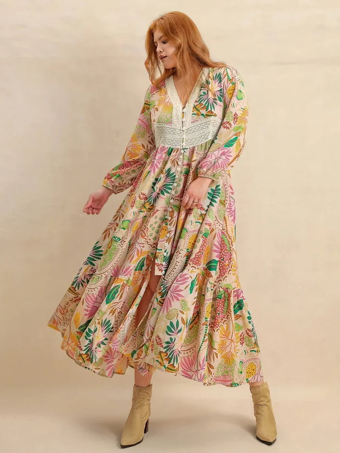 Plus Size Lace Detail Printed V-Neck Balloon Sleeve Dress - Dresses