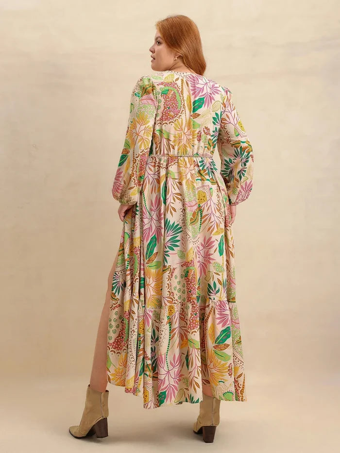 Plus Size Lace Detail Printed V-Neck Balloon Sleeve Dress - Dresses
