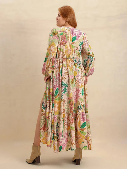 Plus Size Lace Detail Printed V-Neck Balloon Sleeve Dress - Dresses