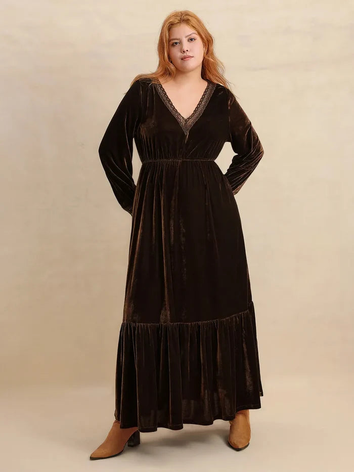 Plus Size Lace Detail V-Neck Long Sleeve Midi Dress Dark Brown - Dresses