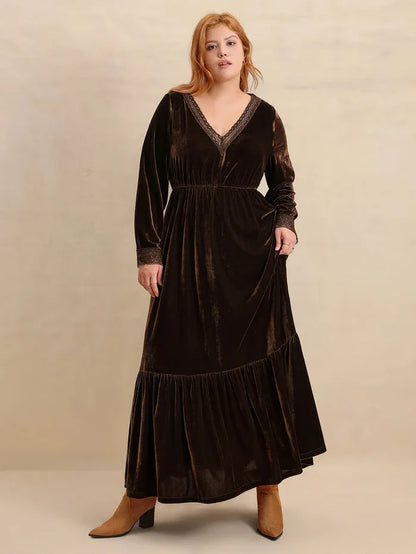 Plus Size Lace Detail V-Neck Long Sleeve Midi Dress - Dresses