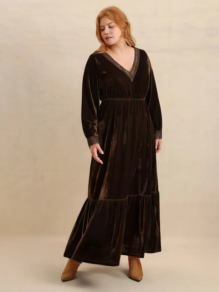 Plus Size Lace Detail V-Neck Long Sleeve Midi Dress - Dresses