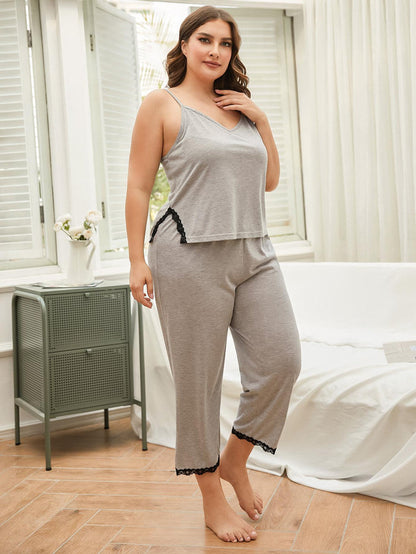 Plus Size Lace Trim Slit Cami and Pants Pyjama Set - Pyjama Set