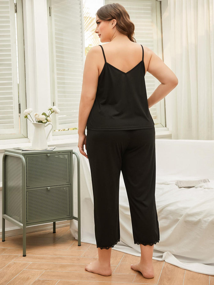 Plus Size Lace Trim Slit Cami and Pants Pyjama Set - Pyjama Set