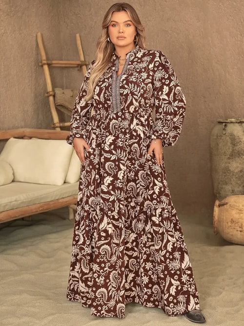Plus Size Notched Balloon Sleeve Printed Maxi Dress Chocolate - Dresses