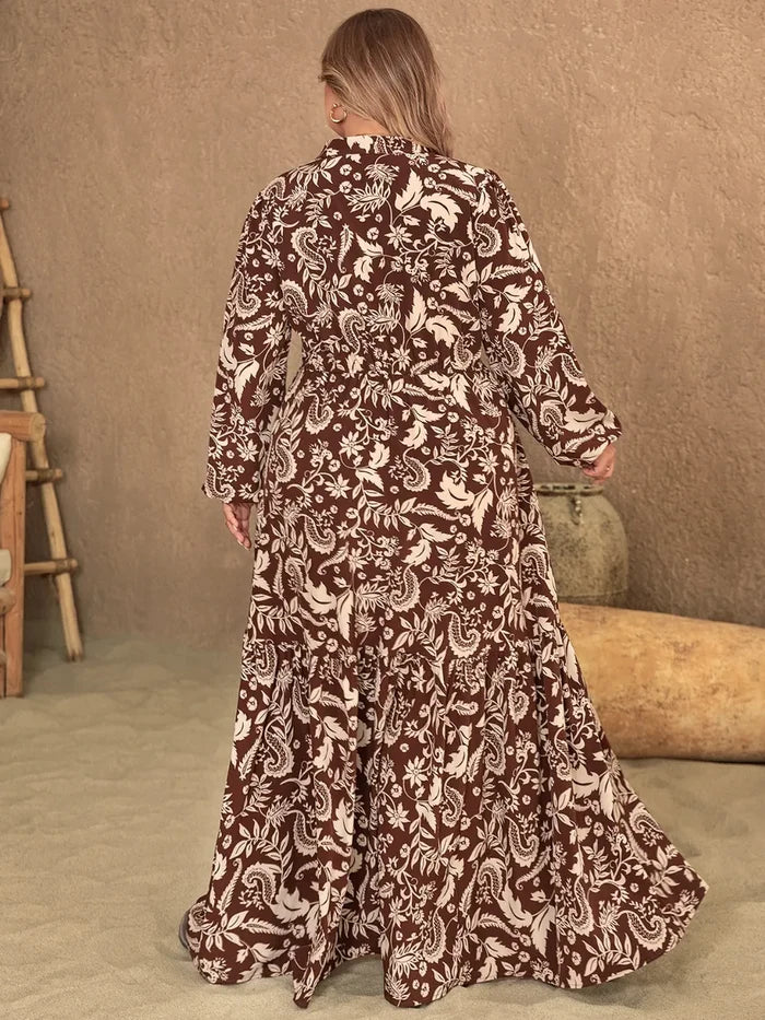 Plus Size Notched Balloon Sleeve Printed Maxi Dress - Dresses
