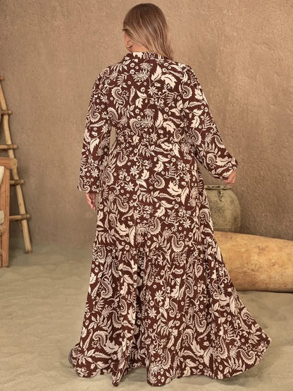 Plus Size Notched Balloon Sleeve Printed Maxi Dress - Dresses