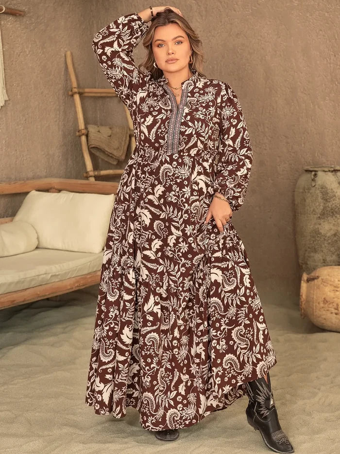Plus Size Notched Balloon Sleeve Printed Maxi Dress - Dresses