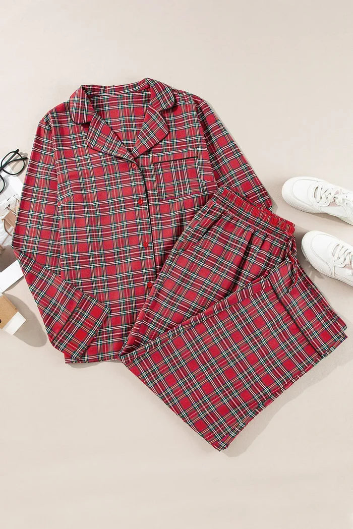 Plus Size Plaid Collared Neck Top and Pants Lounge Set - Pyjama Set