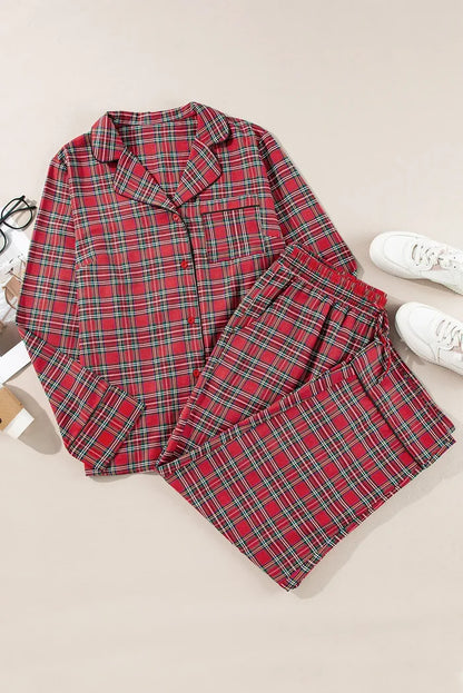 Plus Size Plaid Collared Neck Top and Pants Lounge Set - Pyjama Set