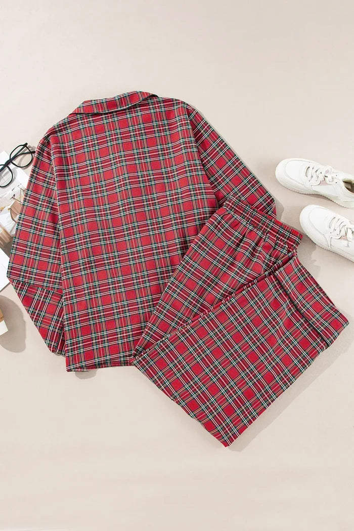 Plus Size Plaid Collared Neck Top and Pants Lounge Set - Pyjama Set