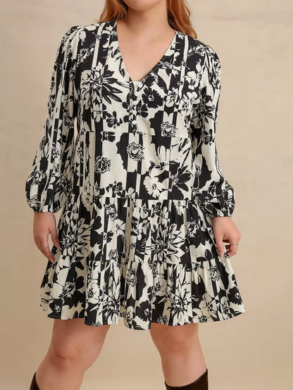 Plus Size Printed V-Neck Long Sleeve Mini Dress Black - Dresses