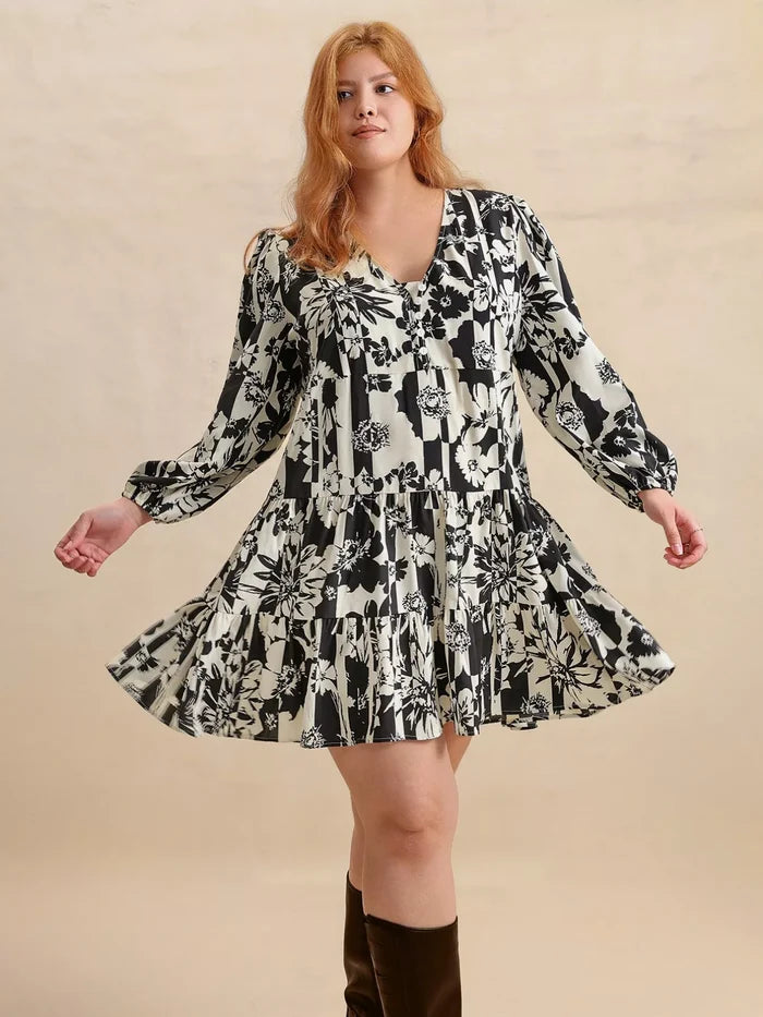 Plus Size Printed V-Neck Long Sleeve Mini Dress - Dresses