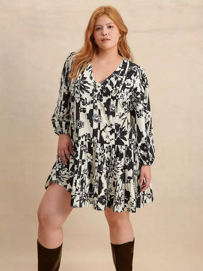 Plus Size Printed V-Neck Long Sleeve Mini Dress - Dresses