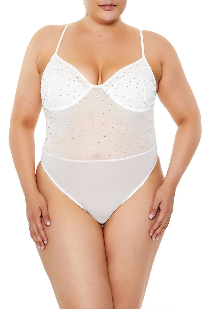 Plus Size Rhinestone Mesh Bodysuit