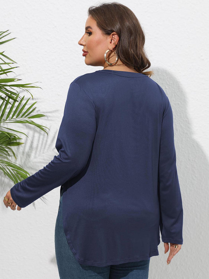 Plus Size Round Neck Long Sleeve Slit Blouse - Blouses