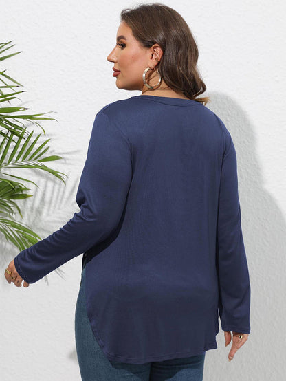 Plus Size Round Neck Long Sleeve Slit Blouse - Blouses