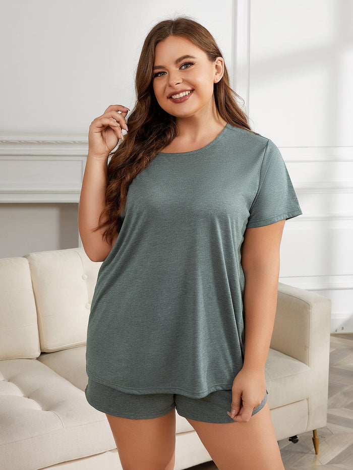 Plus Size Round Neck Short Sleeve Two-Piece Loungewear Set Sage - Loungewear