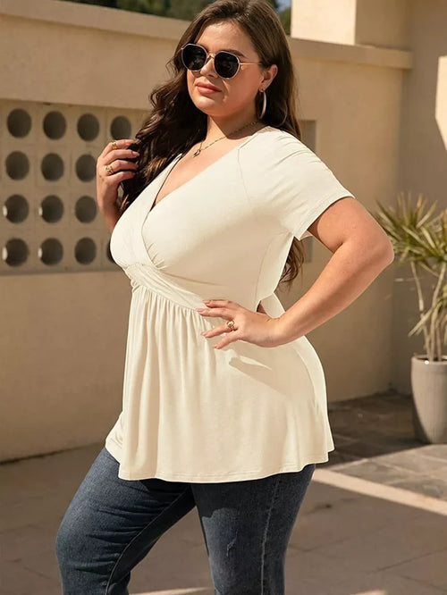 Plus Size Surplice Short Sleeve T-Shirt Apricot - T-Shirts