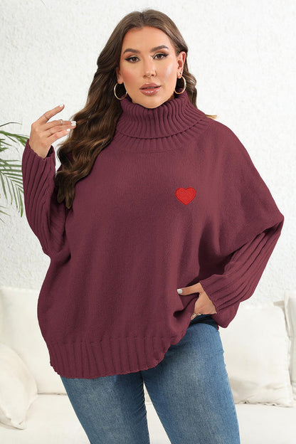 Plus Size Turtle Neck Jumper with Heart Patch Wine - Sweaters