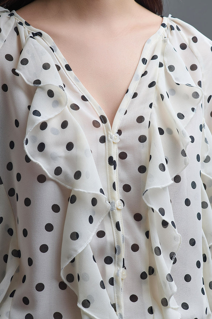 Polka Dot Button-Up chiffon Shirt with Ruffles - Shirts