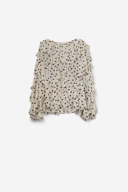 Polka Dot Button-Up chiffon Shirt with Ruffles - Shirts