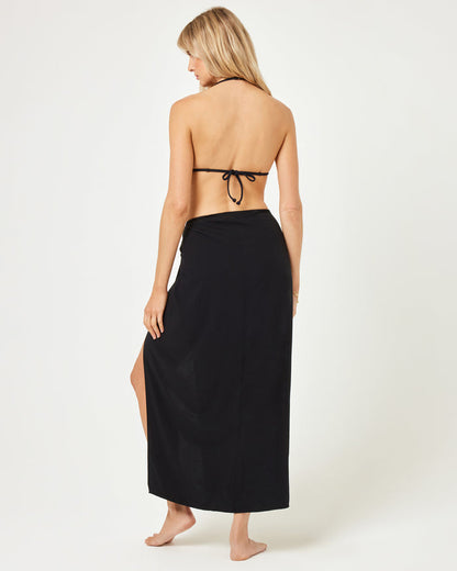LSPACE Portela sarong in black, back view on model.