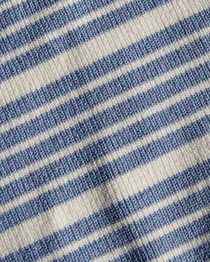 Close-up of the LSPACE Positano Top and Ravello Skirt in outer banks stripe, highlighting the ribbed blue and cream horizontal stripe fabric texture.