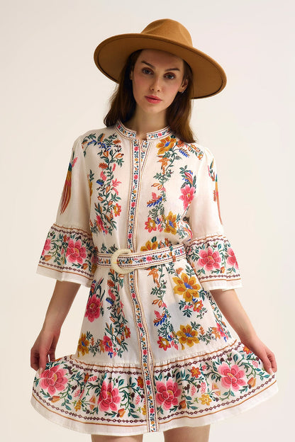 printed Floral Boho Mini Dress In white - dress