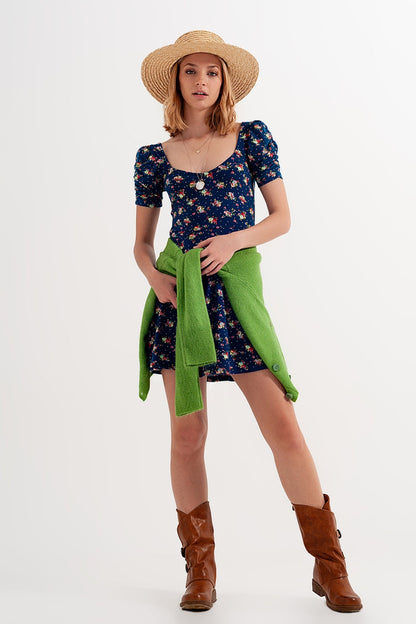 Puff sleeve skater dress in navy blue floral print - dress