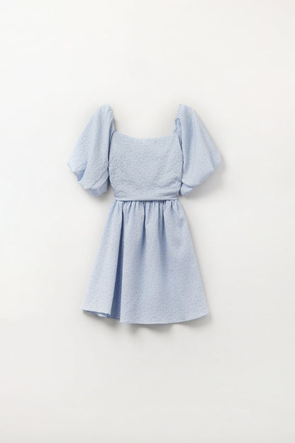 Puff Sleeve Textured Mini Dress in Light Blue - dress