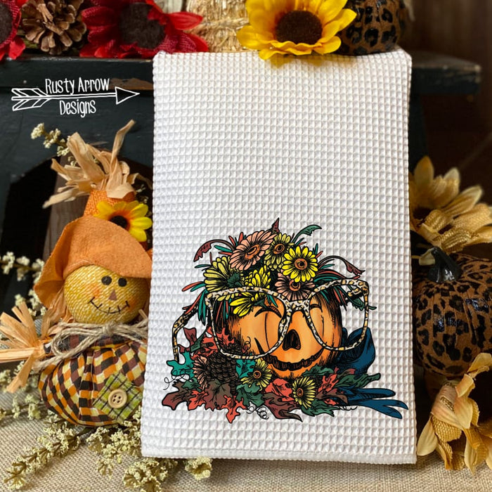 Pumpkin with Glasses Waffle Weave Tea Towel